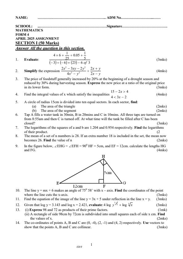 Page 1 – Form 4 Mathematics April 2025 Holiday Assignment – Kenyaplex