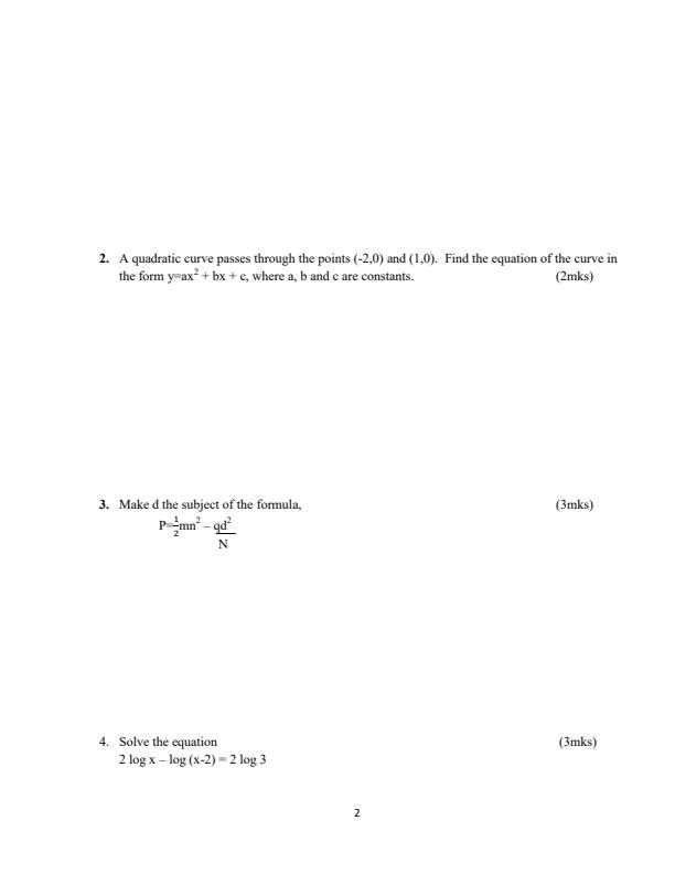 Page 2 – Form 4 Mathematics April 2026 Holiday Assignment – Kenyaplex