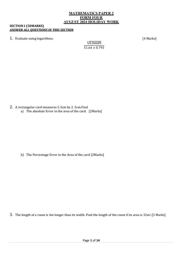 Page 1 – Form 4 Mathematics Paper 2 August  2024 Holiday Assignment – Kenyaplex