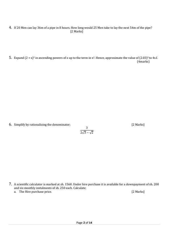 Page 2 – Form 4 Mathematics Paper 2 August  2024 Holiday Assignment – Kenyaplex