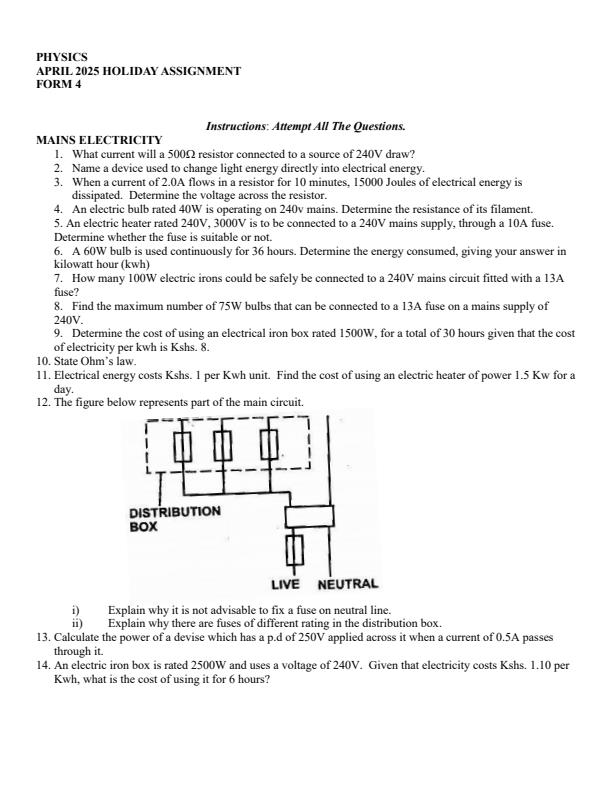 Page 1 – Form 4 Physics April 2025 Holiday Assignment – Kenyaplex