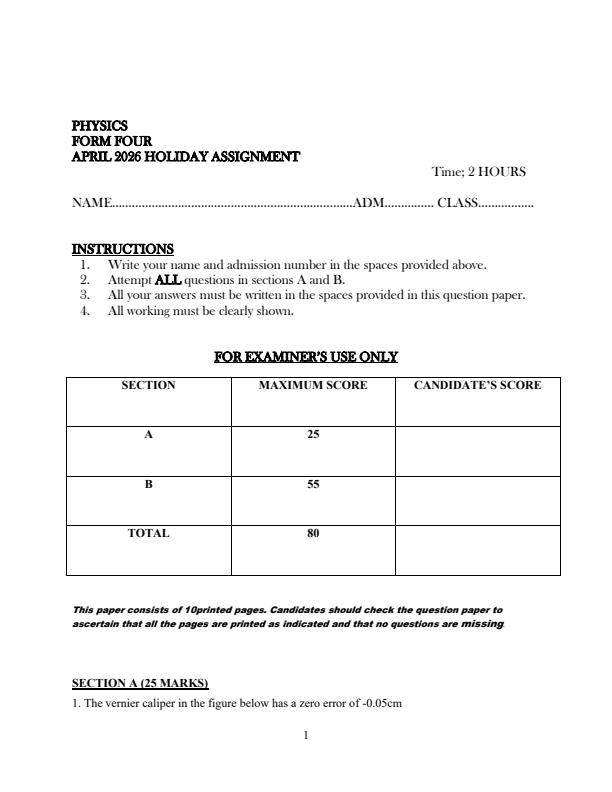 Page 1 – Form 4 Physics April 2026 Holiday Assignment – Kenyaplex