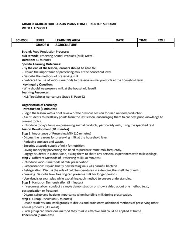 Page 1 – Gade 8 Agriculture and Nutrition Lesson Plans Term 2 - KLB Top Scholar – Kenyaplex