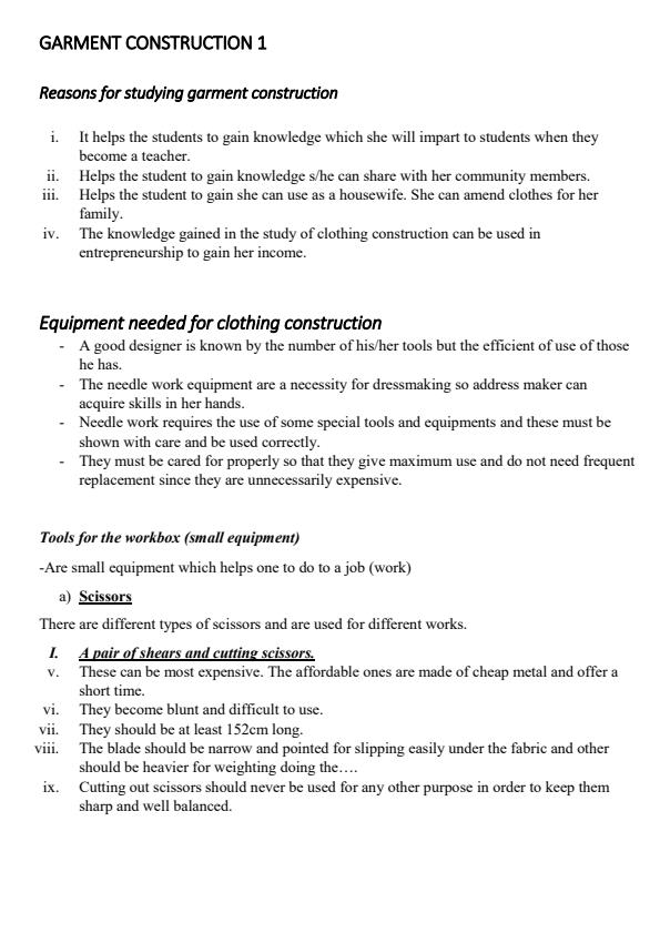 Page 1 – Garment Construction 1 Notes for Diploma in Fashion Design and Clothing Technology – Kenyaplex