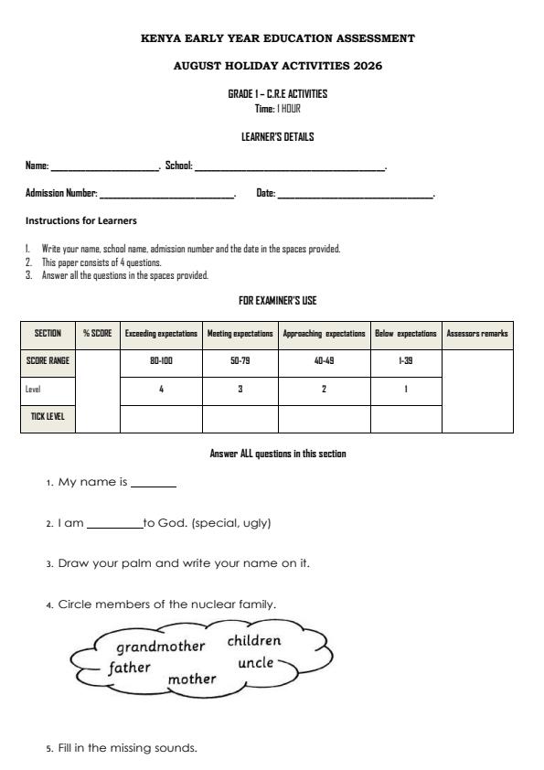 Page 2 – Grade 1 August 2026 Holiday Assignment - Full Set – Kenyaplex