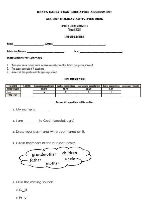 Page 1 – Grade 1 CRE Activities August 2026 Holiday Assignment – Kenyaplex