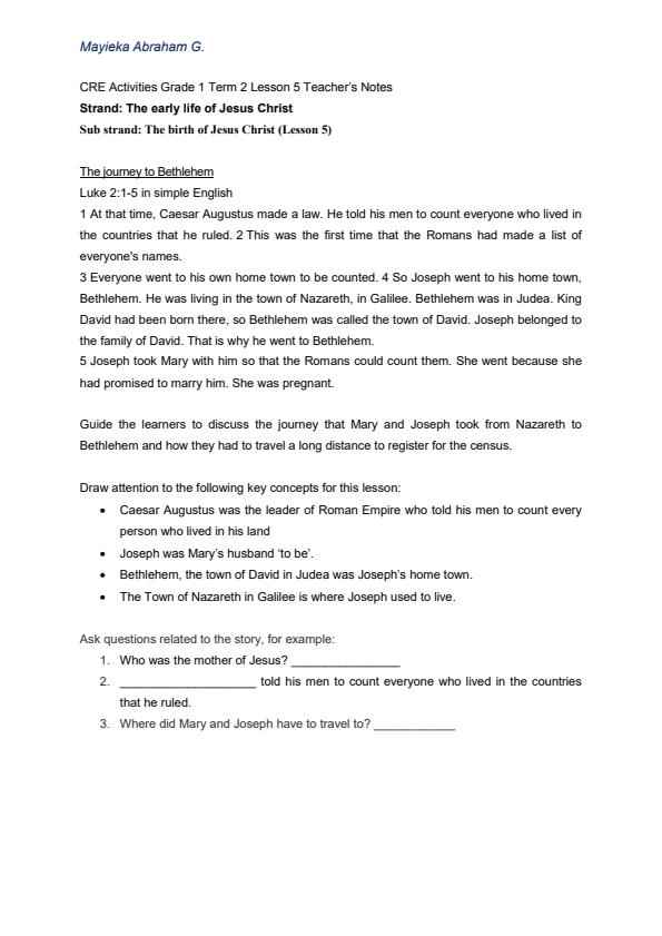 Page 1 – Grade 1 CRE Activities Term 2 Lesson 5 Notes: The birth of Jesus Christ - The journey to Bethlehem – Kenyaplex