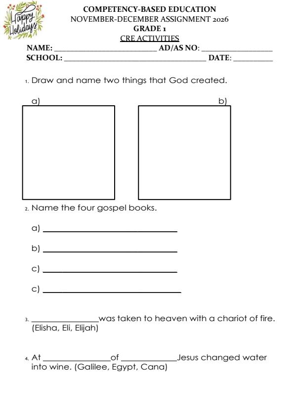 Page 1 – Grade 1 CRE December 2026 Holiday Assignment – Kenyaplex