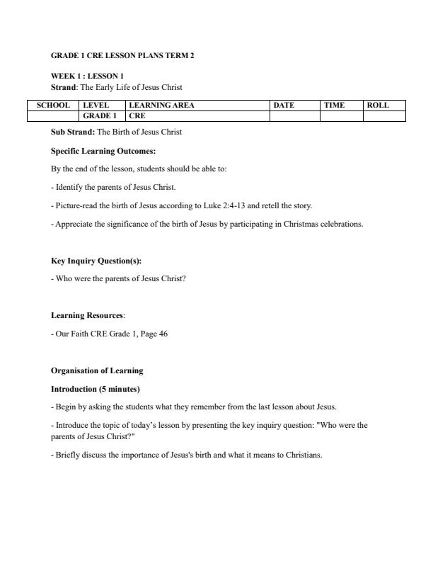 Page 1 – Grade 1 CRE Lesson Plans Term 2 - Our Faith – Kenyaplex