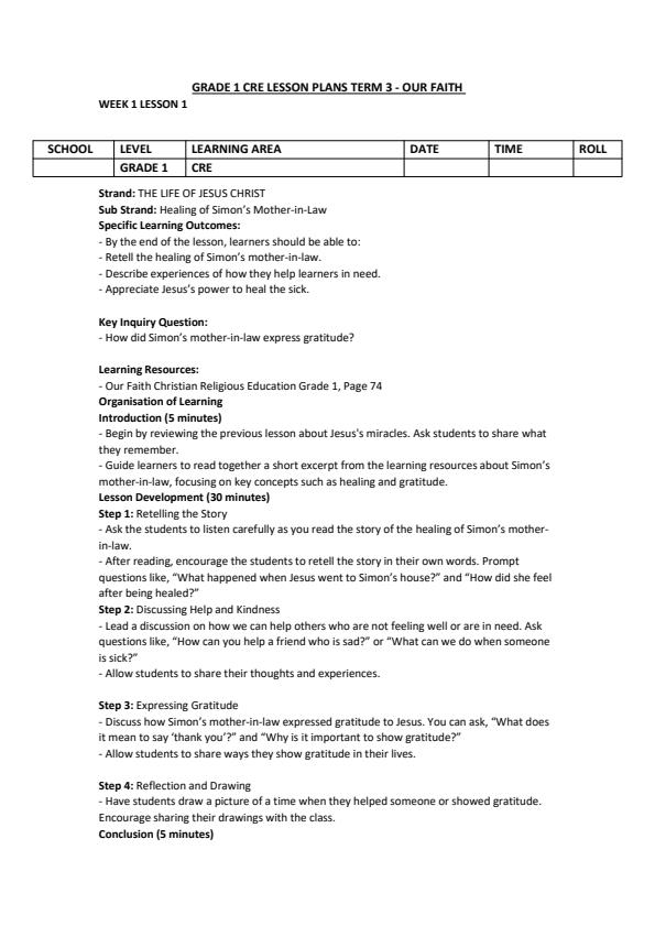 Page 1 – Grade 1 CRE Lesson Plans Term 3 - Our Faith – Kenyaplex