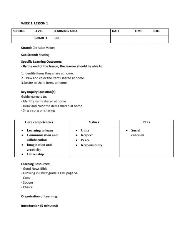 Page 1 – Grade 1 CRE Lesson Plans Term 3 – Kenyaplex