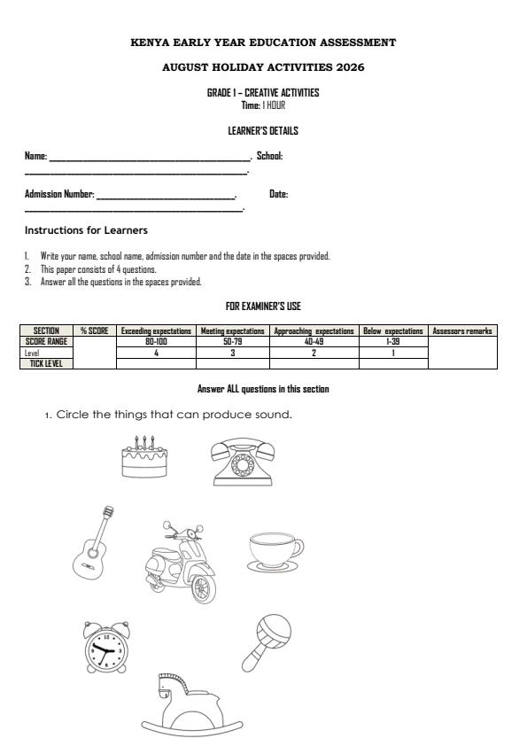 Page 1 – Grade 1 CReative Activities August 2026 Holiday Assignment – Kenyaplex