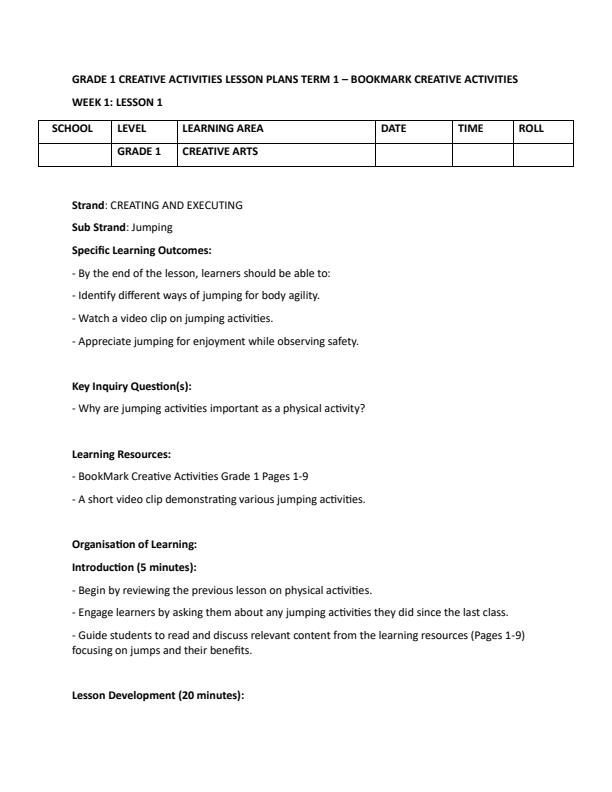 Page 1 – Grade 1 Creative Activities Lesson Plans Term 1 - Bookmark Creative Activities – Kenyaplex