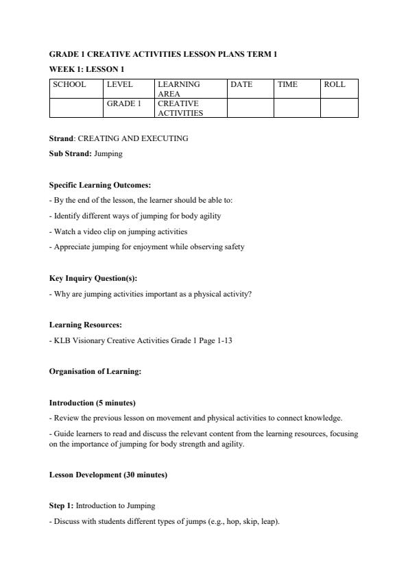 Page 1 – Grade 1 Creative Activities Lesson Plans Term 1 - KLB Visionary – Kenyaplex
