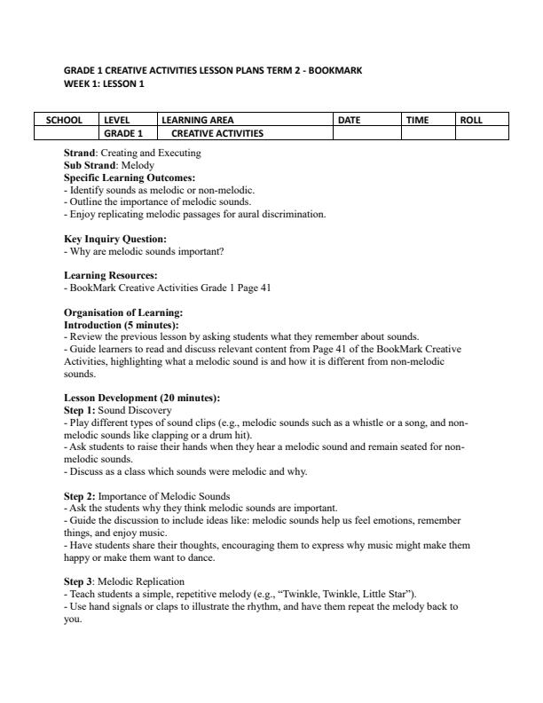 Page 1 – Grade 1 Creative Activities Lesson Plans Term 2 - Bookmark – Kenyaplex