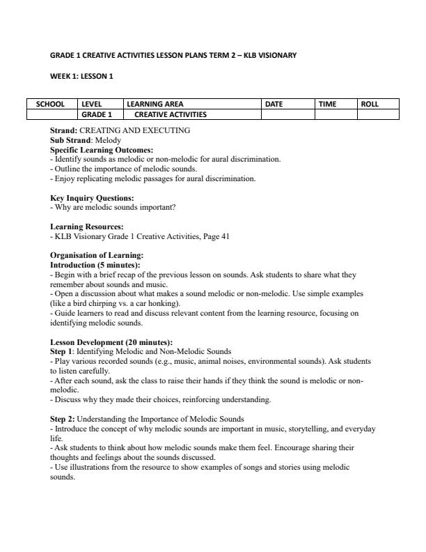 Page 1 – Grade 1 Creative Activities Lesson Plans Term 2 - KLB Visionary – Kenyaplex