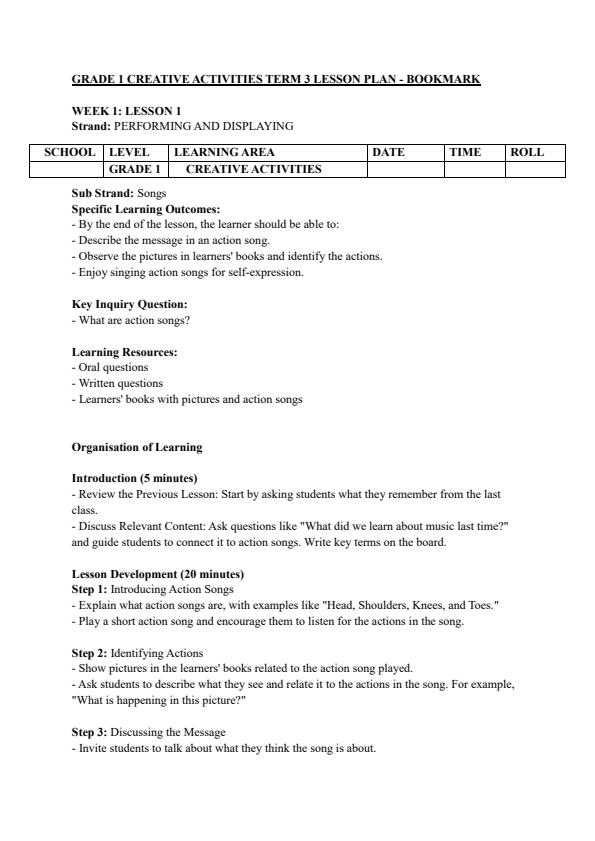 Page 1 – Grade 1 Creative Activities Lesson Plans Term 3 - Bookmark – Kenyaplex
