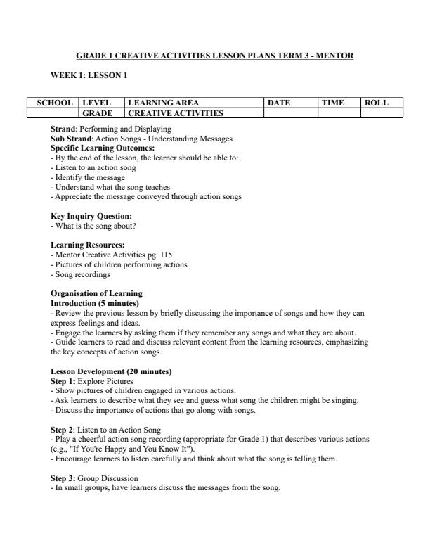 Page 1 – Grade 1 Creative Activities Lesson Plans Term 3 - Mentor – Kenyaplex