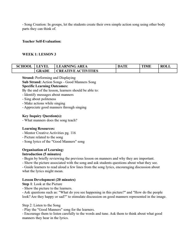 Page 4 – Grade 1 Creative Activities Lesson Plans Term 3 - Mentor – Kenyaplex
