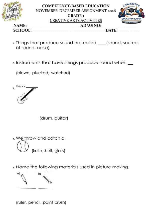 Page 1 – Grade 1 Creative Arts December 2026 Holiday Assignment – Kenyaplex