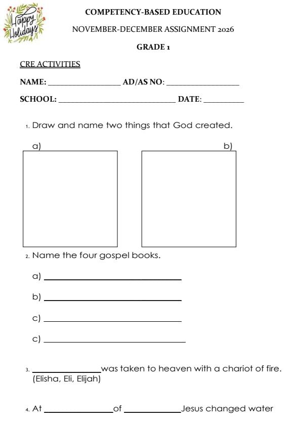 Page 2 – Grade 1 December 2026 Holiday Assignment -  Full Set – Kenyaplex