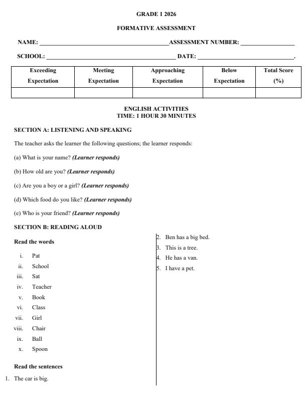 Page 1 – Grade 1 English Activities April 2026 Holiday Assignment – Kenyaplex