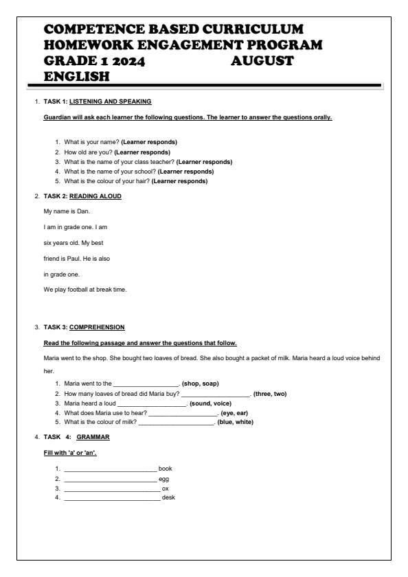 Page 1 – Grade 1 English Activities August 2024 Holiday Assignment – Kenyaplex