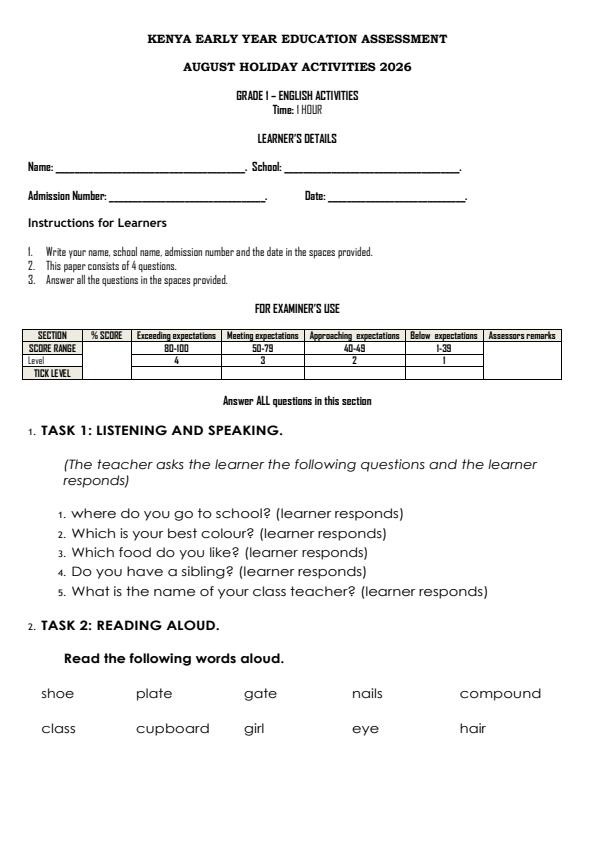 Page 1 – Grade 1 English Activities August 2026 Holiday Assignment – Kenyaplex
