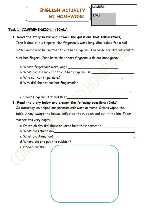 Page 1 – Grade 1 English Activities December 2024 Holiday Assignment – Kenyaplex
