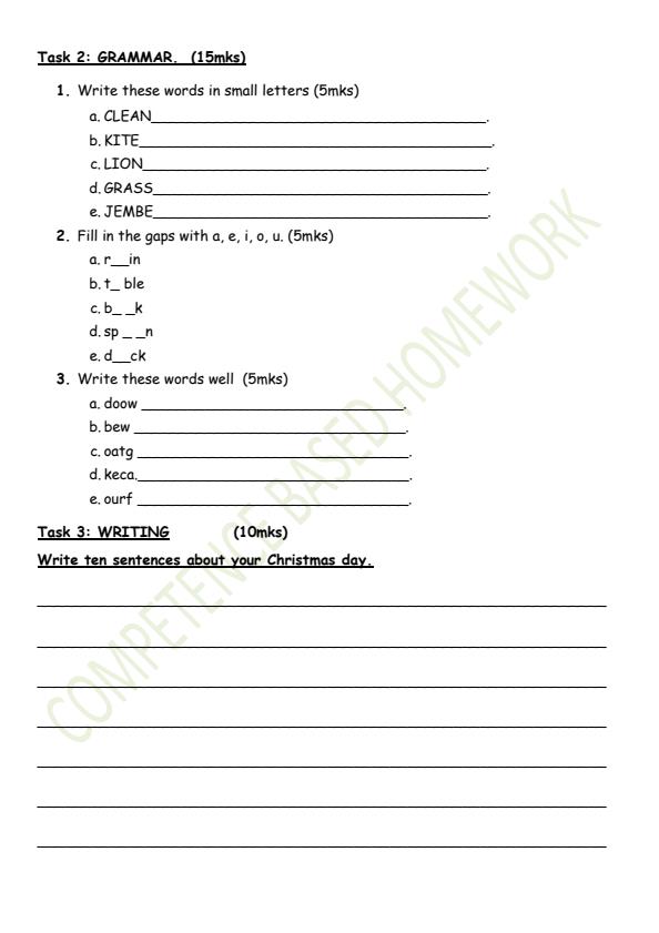Page 2 – Grade 1 English Activities December 2024 Holiday Assignment – Kenyaplex