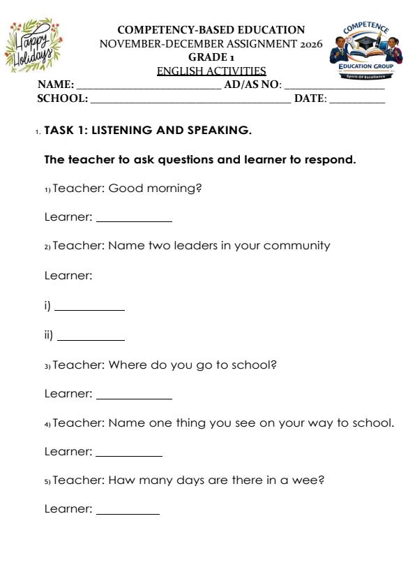 Page 1 – Grade 1 English December 2026 Holiday Assignment – Kenyaplex