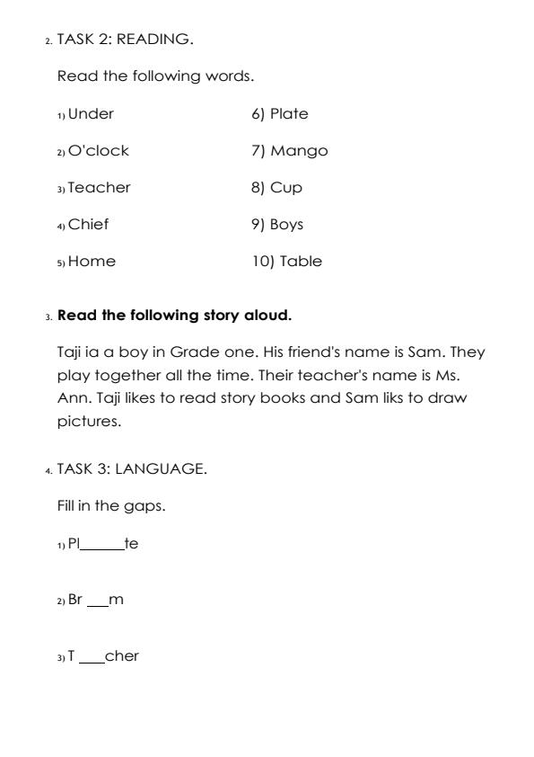 Page 2 – Grade 1 English December 2026 Holiday Assignment – Kenyaplex