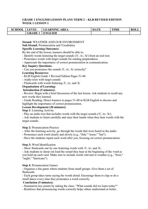 Page 1 – Grade 1 English Lesson Plans Term 2 - KLB Revised Edition – Kenyaplex