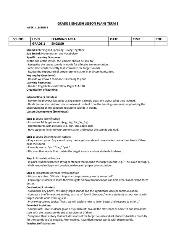 Page 1 – Grade 1 English Lesson Plans Term 3  – Kenyaplex