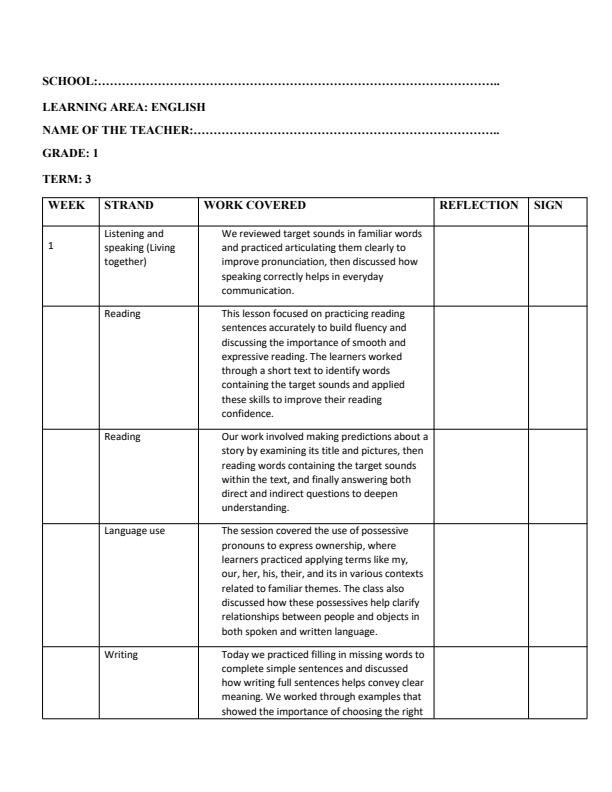 Page 1 – Grade 1 English Records of Work Term 3 - KLB Early Grade – Kenyaplex