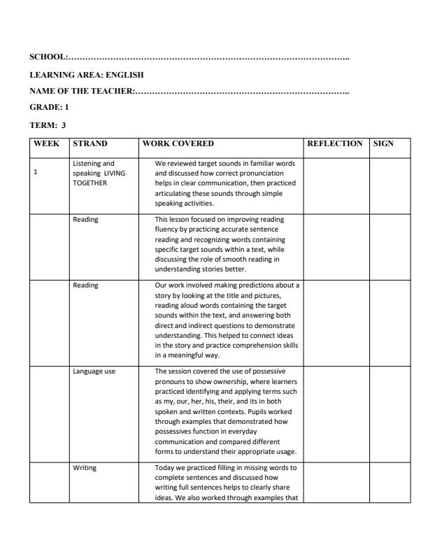 Page 1 – Grade 1 English Records of Work Term 3  – Kenyaplex