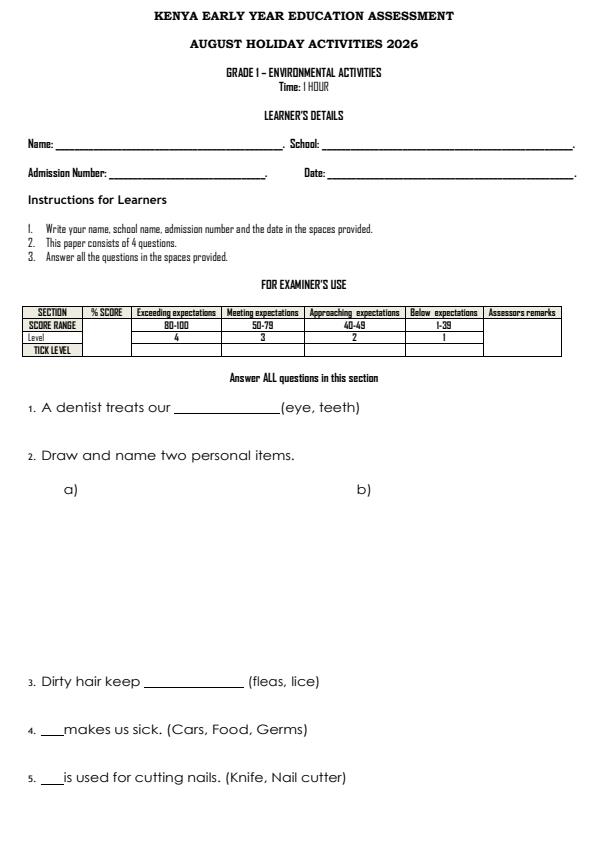 Page 1 – Grade 1 Environmental Activities August 2026 Holiday Assignment – Kenyaplex