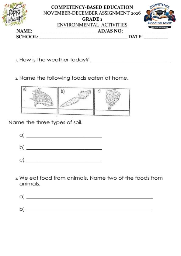 Page 1 – Grade 1 Environmental Activities December 2026 Holiday Assignment – Kenyaplex