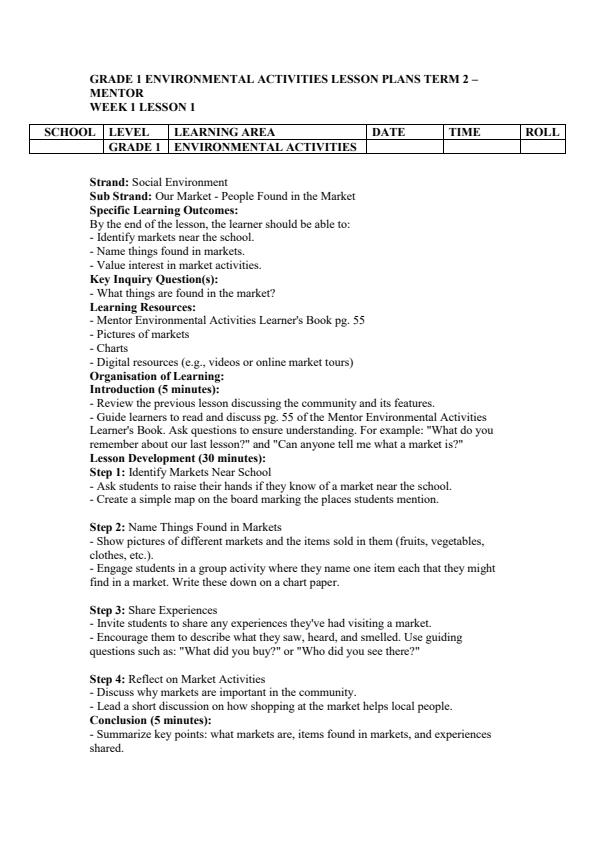 Page 1 – Grade 1 Environmental Activities Lesson Plans Term 2 - Mentor – Kenyaplex