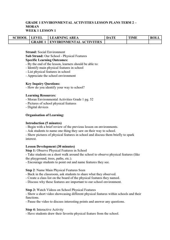 Page 1 – Grade 1 Environmental Activities Lesson Plans Term 2 - Moran – Kenyaplex