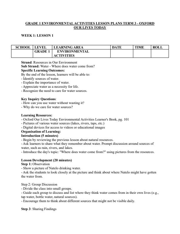 Page 1 – Grade 1 Environmental Activities Lesson Plans Term 3 - Oxford Our Lives Today – Kenyaplex