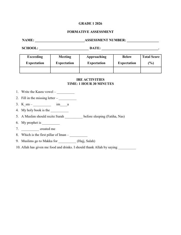 Page 1 – Grade 1 Islamic Religious Education Activities April 2026 Holiday Assignment – Kenyaplex