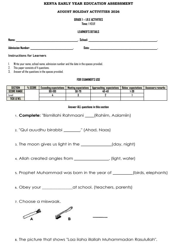 Page 1 – Grade 1 Islamic Religious Education August 2026 Holiday Assignment – Kenyaplex