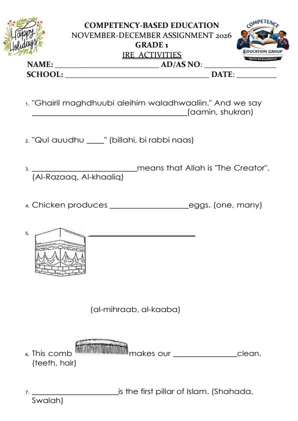 Page 1 – Grade 1 Islamic Religious Education December 2026 Holiday Assignment – Kenyaplex