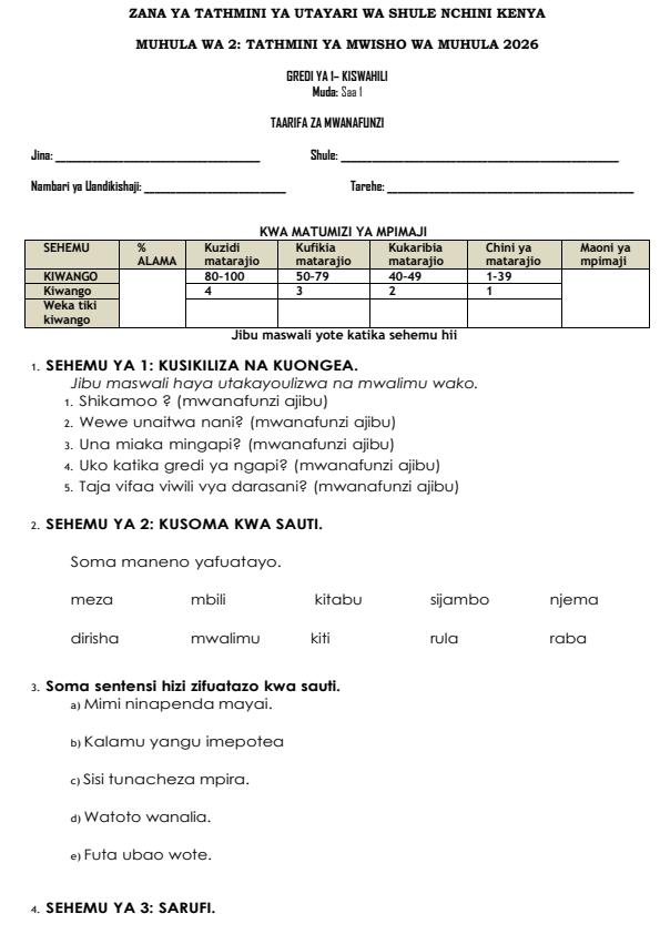 Page 1 – Grade 1 Kiswahili August 2026 Holiday Assignment – Kenyaplex