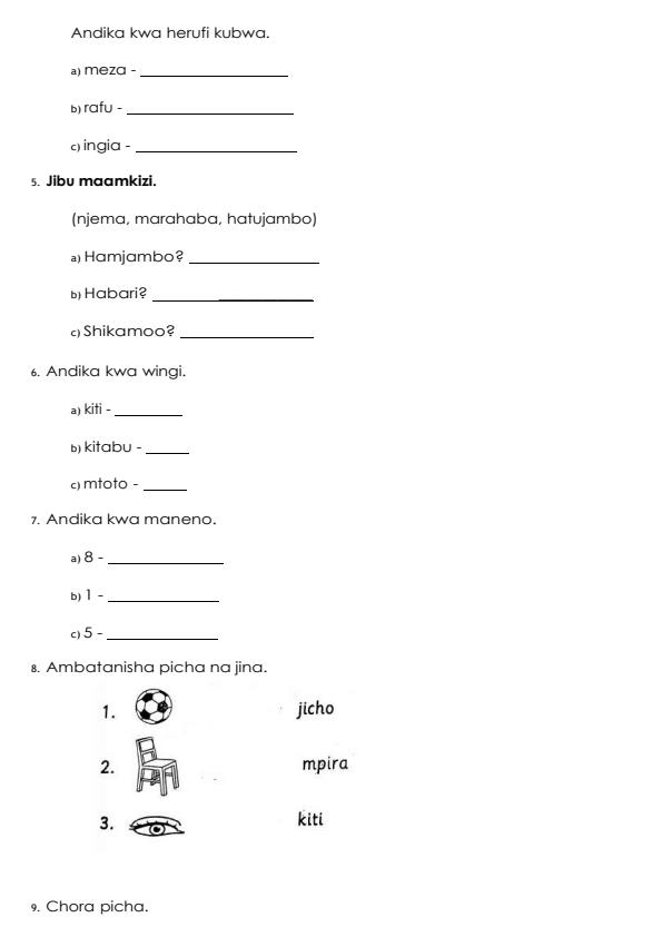 Page 2 – Grade 1 Kiswahili August 2026 Holiday Assignment – Kenyaplex