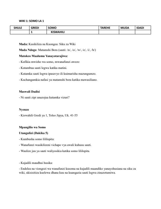 Page 1 – Grade 1 Kiswahili Lesson Plans Term 2 - Toleo Jipya – Kenyaplex