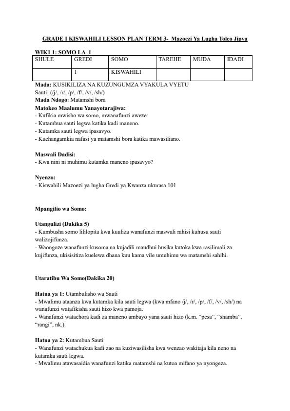 Page 1 – Grade 1 Kiswahili Lesson Plans Term 3 - Mazoezi Ya Lugha Toleo Jipya – Kenyaplex