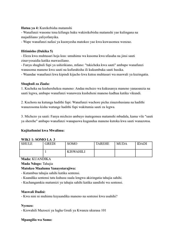 Page 4 – Grade 1 Kiswahili Lesson Plans Term 3 - Mazoezi Ya Lugha Toleo Jipya – Kenyaplex