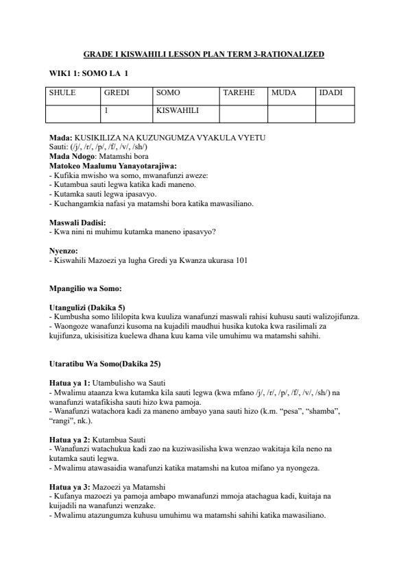 Page 1 – Grade 1 Kiswahili Lesson Plans Term 3  – Kenyaplex